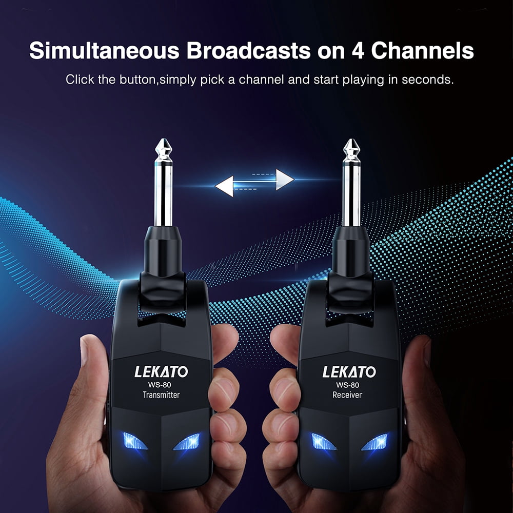 LEKATO Wireless Guitar System 2.4GHz Transmitter Receiver 100 Feet with 4 Channels Built-in Rechargeable Li-ion Battery