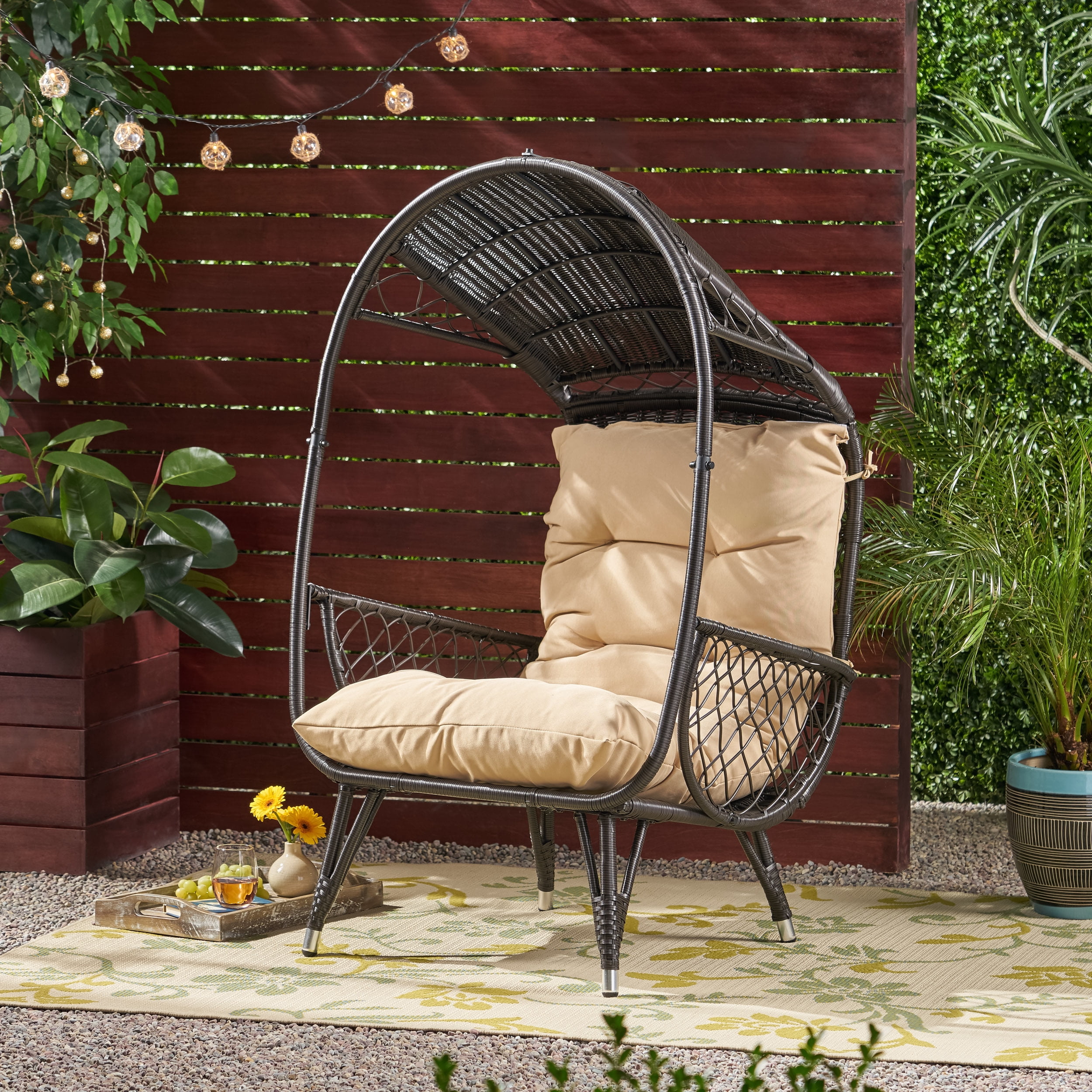 Outdoor Standing Basket Style Leisure Chair, Wicker Weave Single Relaxing Seat for Patio Garden, Button and Beige
