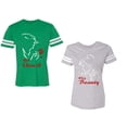 thumbnail image 1 of Her Beauty His Beast Unisex Couple Matching Cotton Jersey style T-Shirt Contrasting stripes on sleeves (Men Green / Women Heather) (Men M / Women S), 1 of 3
