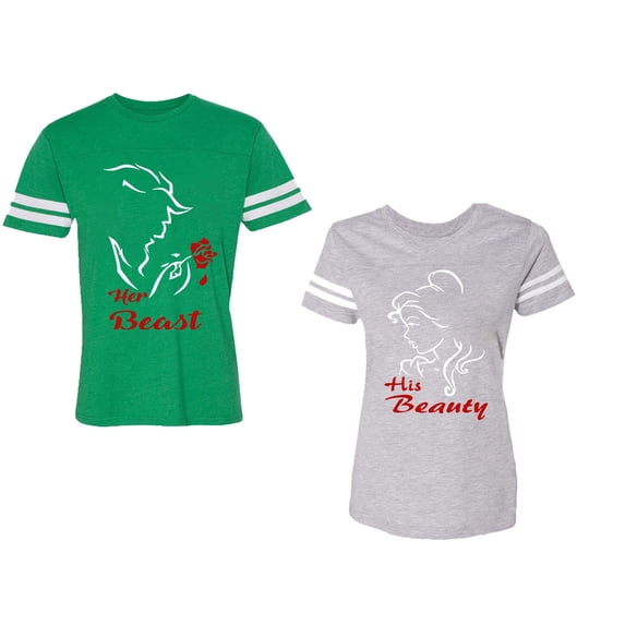 Her Beauty His Beast Unisex Couple Matching Cotton Jersey style T-Shirt Contrasting stripes on sleeves (Men Green / Women Heather) (Men M / Women S)