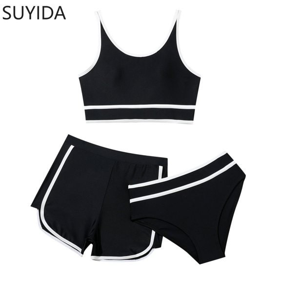 Girls Swimsuit Ruched Side Bikini Spaghetti Strap Girls Swimwear Tankini 3 Piece Tropical Printed Girl Bathing Suit