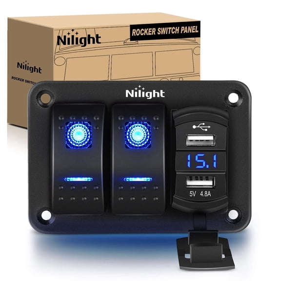 Nilight - 2 Gang Rocker Switch Panel with 4.8 Amp Dual USB Charger Voltmeter Waterproof 12V-24V DC Rocker Switch with Night Glow Stickers for CarsTrucks Boats RVs,Blue