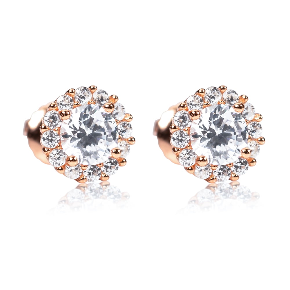 Men's Women's Round Cut CZ Rose Gold 925 Sterling Silver Small Halo Screw Back Stud Earrings