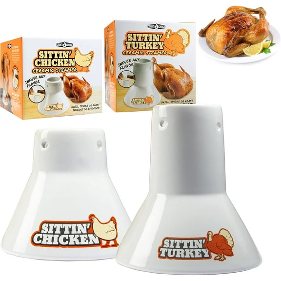Sittin’ Chicken & Turkey Ceramic Beer Can Roaster & Steamer Duo- Upright Flavor-Infusing Grilling Tool for Juicy Poultry- Wide Ceramic Base Cooks up to 18lb Turkey for Cooks & Chefs