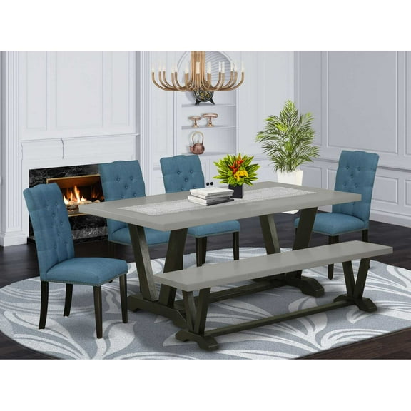 East West Furniture 6-Piece Modern an Excellent Cement Color Wood Dining Table Top and Cement Color Dining Bench and 4 Excellent Linen Fabric Kitchen Chairs with Nail Heads and Button Tufted Chair...