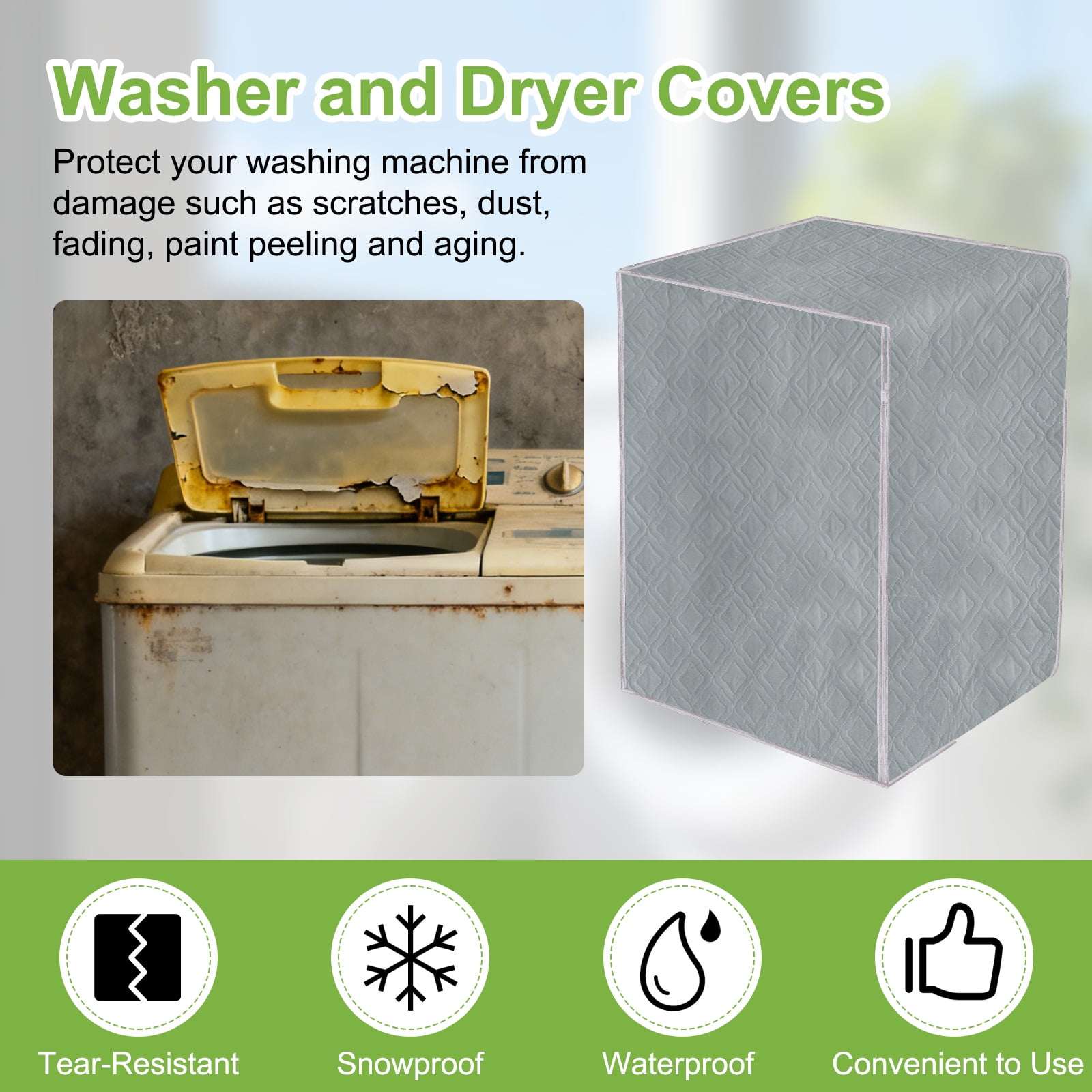 Washer and Dryer Covers 24"x24"x33"- Waterproof, Dustproof PEVA Front Load Washing Machine Cover with Zipper for Laundry Room Balcony, Grey