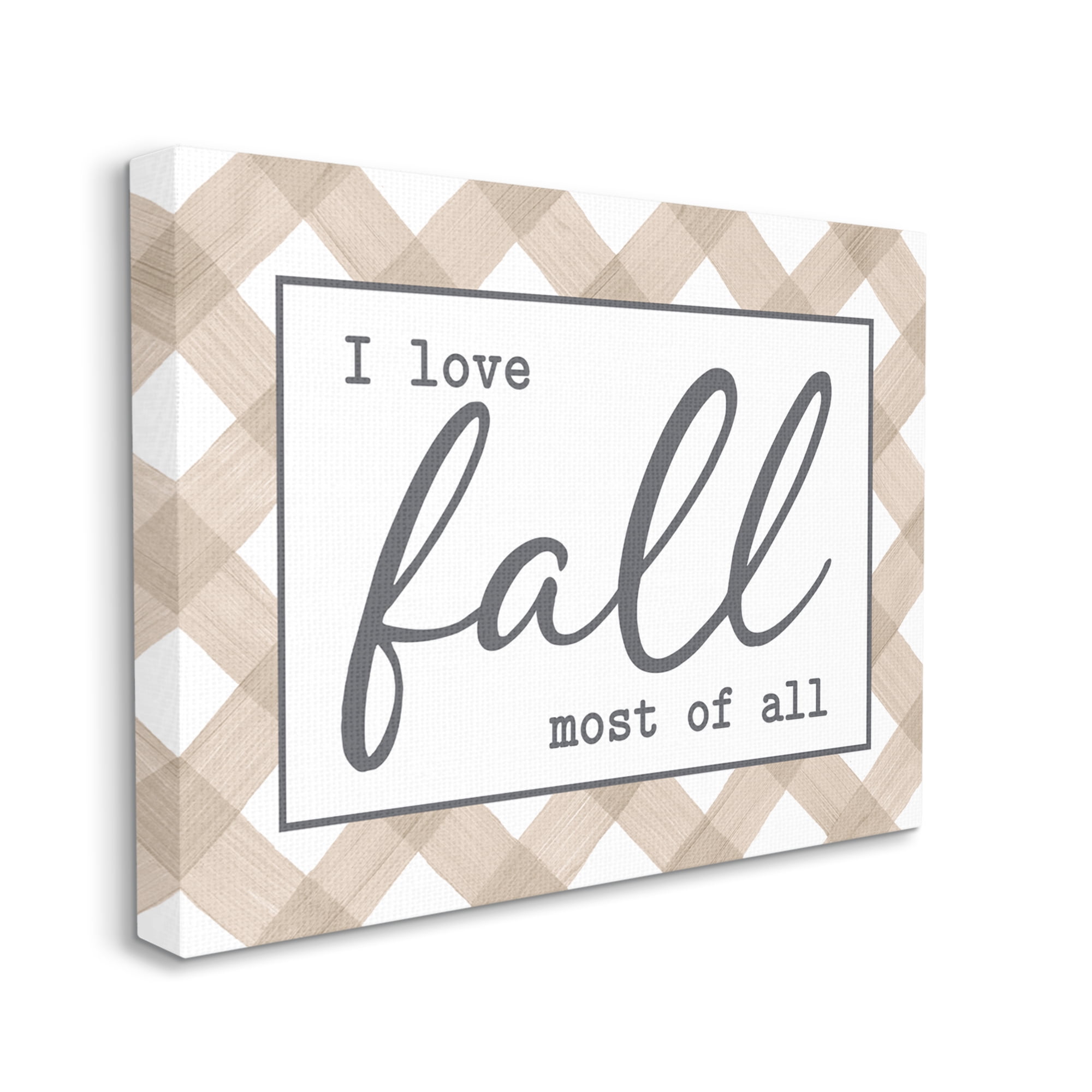 Stupell Industries Love Fall Most Of All Autumn Calligraphy Plaid Sign Graphic Art Gallery Wrapped Canvas Print Wall Art, Design by Lettered and Lined