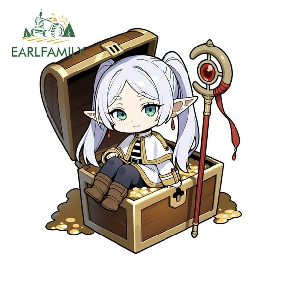 EARLFAMILY 5.1 Inch Frieren Sitting On The Treasure Chest Car Stickers Interesting Anime Decals Popular ATV Decor Occlusion Scratch