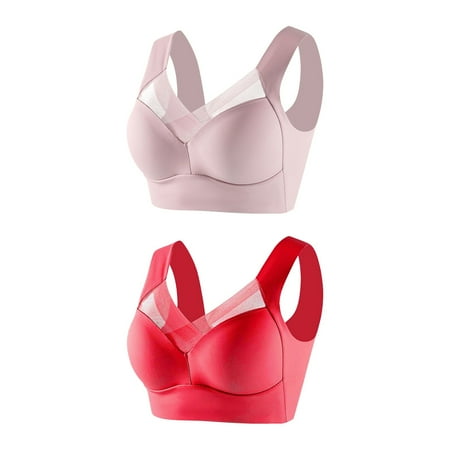 Women s 2 Pack Mesh Bras Plus Size Elastic Underwire Underwear Thin Lace Solid Color Push Up Adjustment Bra Red L