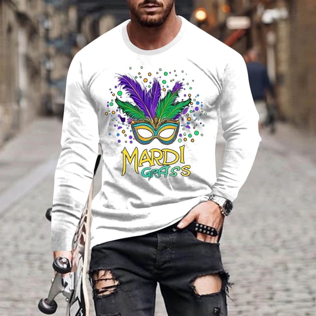 TIMIFIS Mardi Gras T-Shirts à Manches Longues pour Hommes Grande Taille Imprimés Carnaval Classique Col Rond Hauts