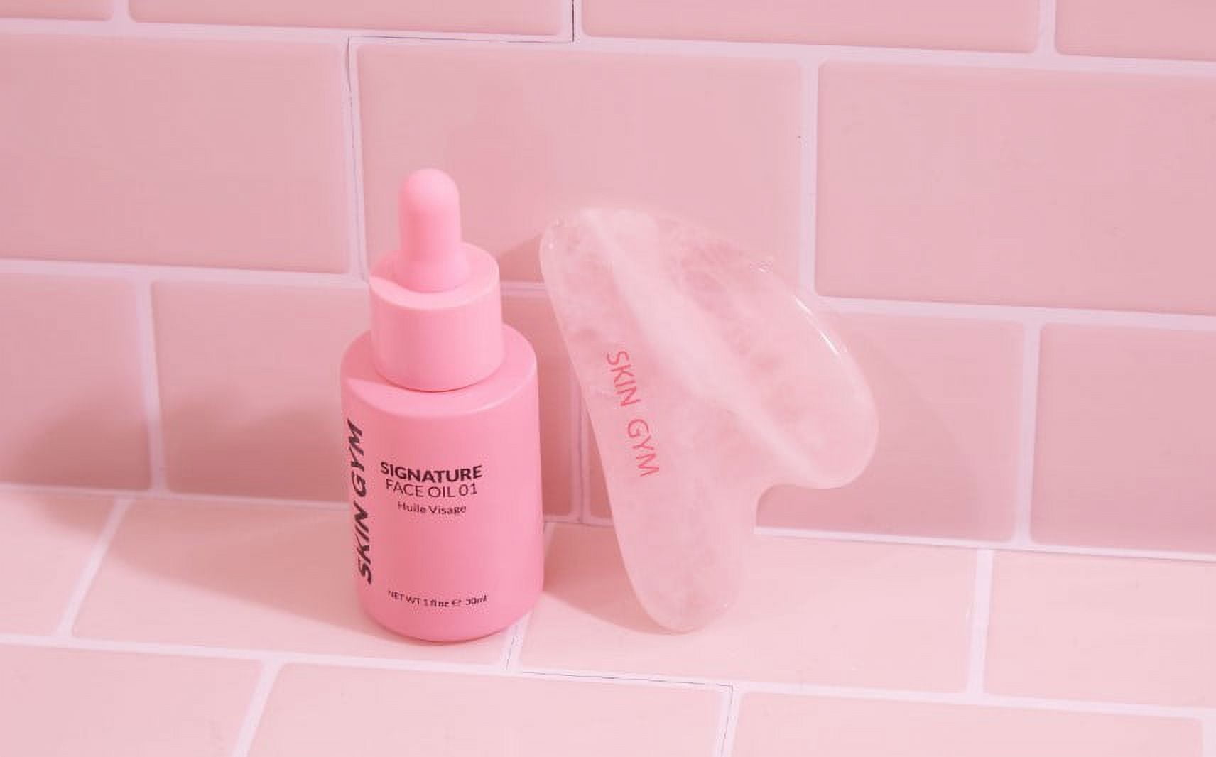 Skin Gym Rose Quartz Gua Sha Workout Kit, Rose Quartz Sculpty Heart Gua Sha + Signature Face Oil Value Added Kit for Glowing, Radiant Skin, 1 fl oz.