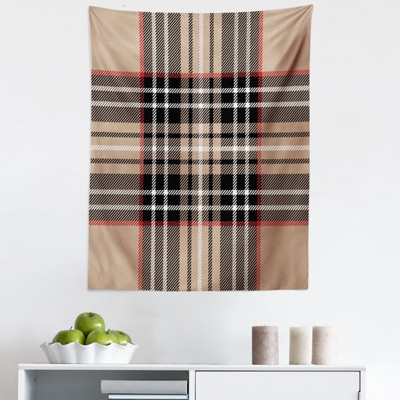 Checkered Tapestry, Classical Tartan in British Style Design Geometric Ornament Striped, Fabric Wall Hanging Decor for Bedroom Living Room Dorm, 5 Sizes, Pale Brown Orange White, by Ambesonne