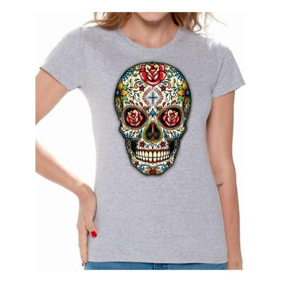 Awkward Styles Women's Sugar Skull Roses Graphic T-shirt Tops Floral Skull Day of Dead