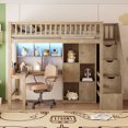 thumbnail image 2 of Wood Twin Size Loft Bed with Built-in Desk, LED, Storage Shelves, Cabinets and Staircase, Walnut, 2 of 9