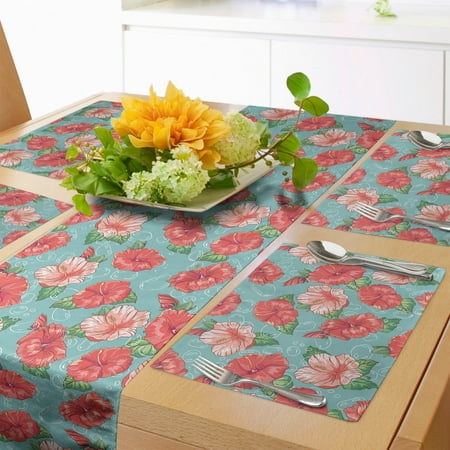 

Hibiscus Table Runner & Placemats Pattern of Tropic Flowers and Bubbles Graphic Set for Dining Table Decor Placemat 4 pcs + Runner 16 x72 Teal Coral by Ambesonne