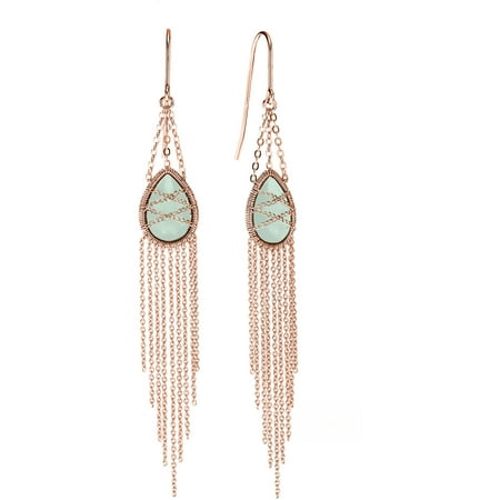 5th & Main Rose Gold over Sterling Silver Hand-Wrapped Drape Chain Hanging Teardrop Chalcedony Stone Earrings