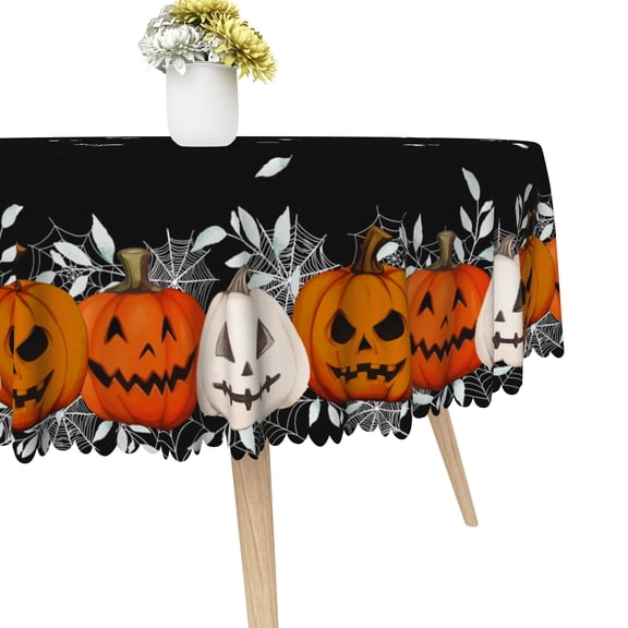 Duangreer 60''Round Halloween Tablecloth, Black Scared Pumpkin Print, Washable Picnic Table Cover for Party, Dining, Indoor and Outdoor