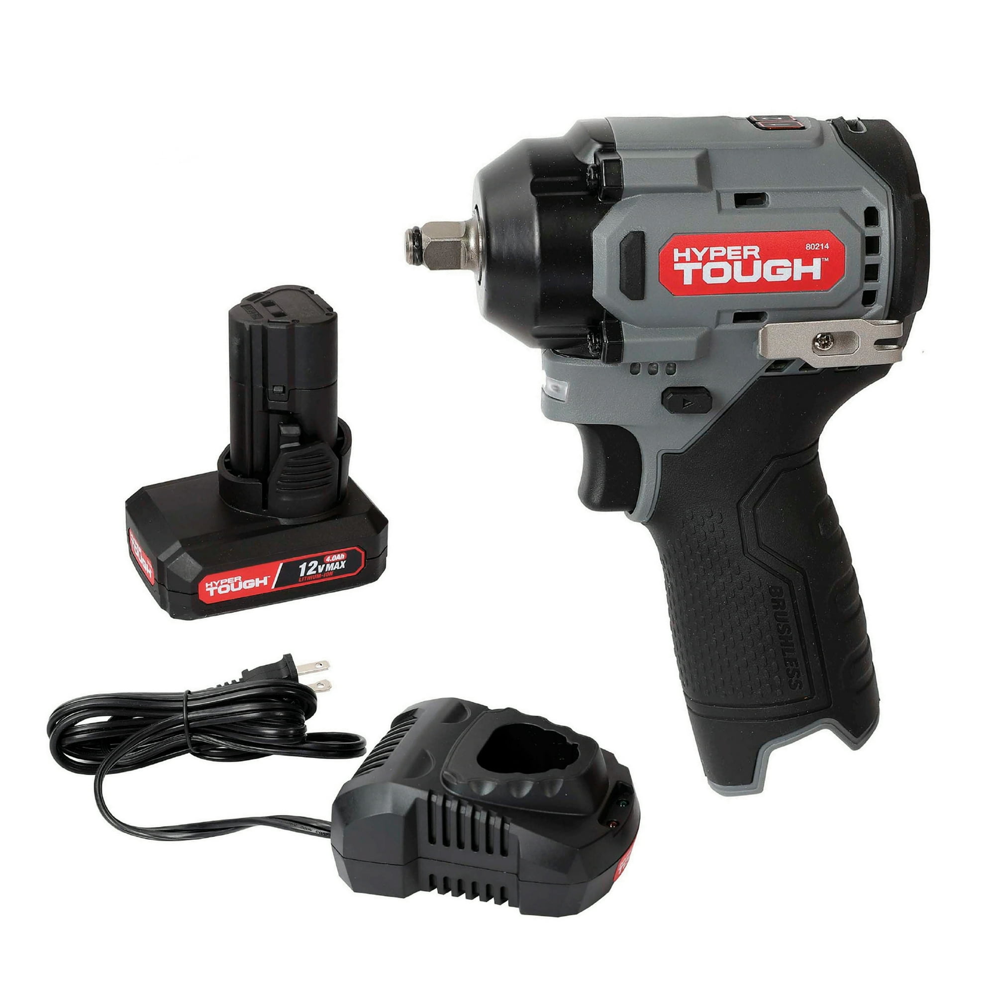 Hyper Tough 12V Max Brushless Cordless Impact Wrench, 3/8 in Square Drive, 225 ft-lb Torque, 4 Ah Battery and Charger