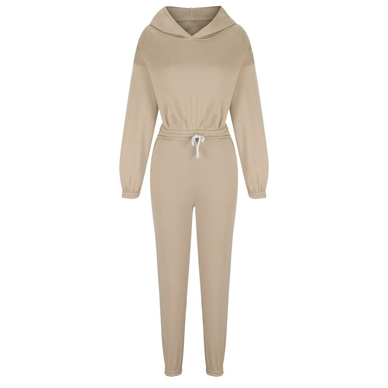 RQYYD Jogging Suits for Women 2 Piece Sweatsuits Tracksuits Outfits Sexy Long  Sleeve Crop Hoodie Drawstring Pants Sets Solid Color Lounge Set Khaki S 
