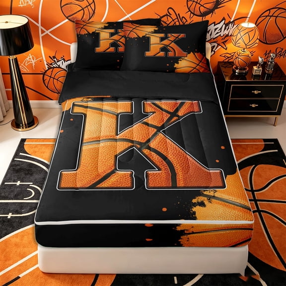 Castle Fairy Orange Basketball Initial K Zipper Twin Comforter Sets with Fitted Sheet and 2 Pillowcases, Abstract Watercolor Splash Zipper Bedding Set, Black Orange,4-Piece,Black Reversible