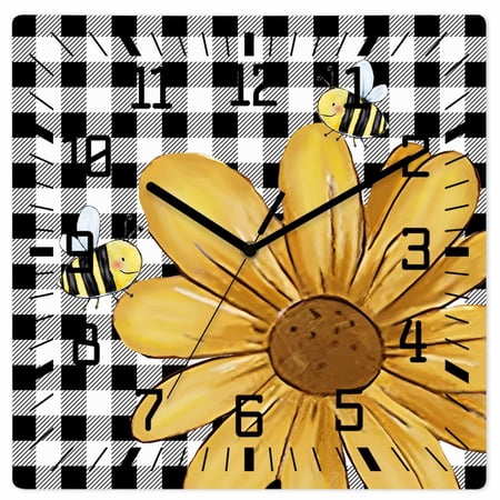 Wall Clock Daisy Flower Honeybees Operated Square Clocks Wooden Silent Non-Ticking Wallclock 10 Inch Farmhouse Floral Black Plaid Wood Wall Clock for Living Room Bedroom Office Shool Home Decor