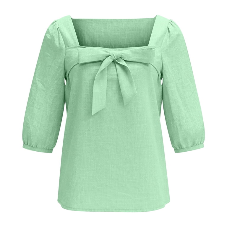 Women's Cotton Linen Square Neck Bow Knot Decor 3/4 Puff Sleeve