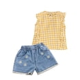 thumbnail image 1 of Gureui Toddler Infant Baby Girls Long Pants Outfits, Sleeveless Plaid Pattern Lace Patchwork Sling Tank Tops + Elastic Waist Flare Pants Set, 1 of 7