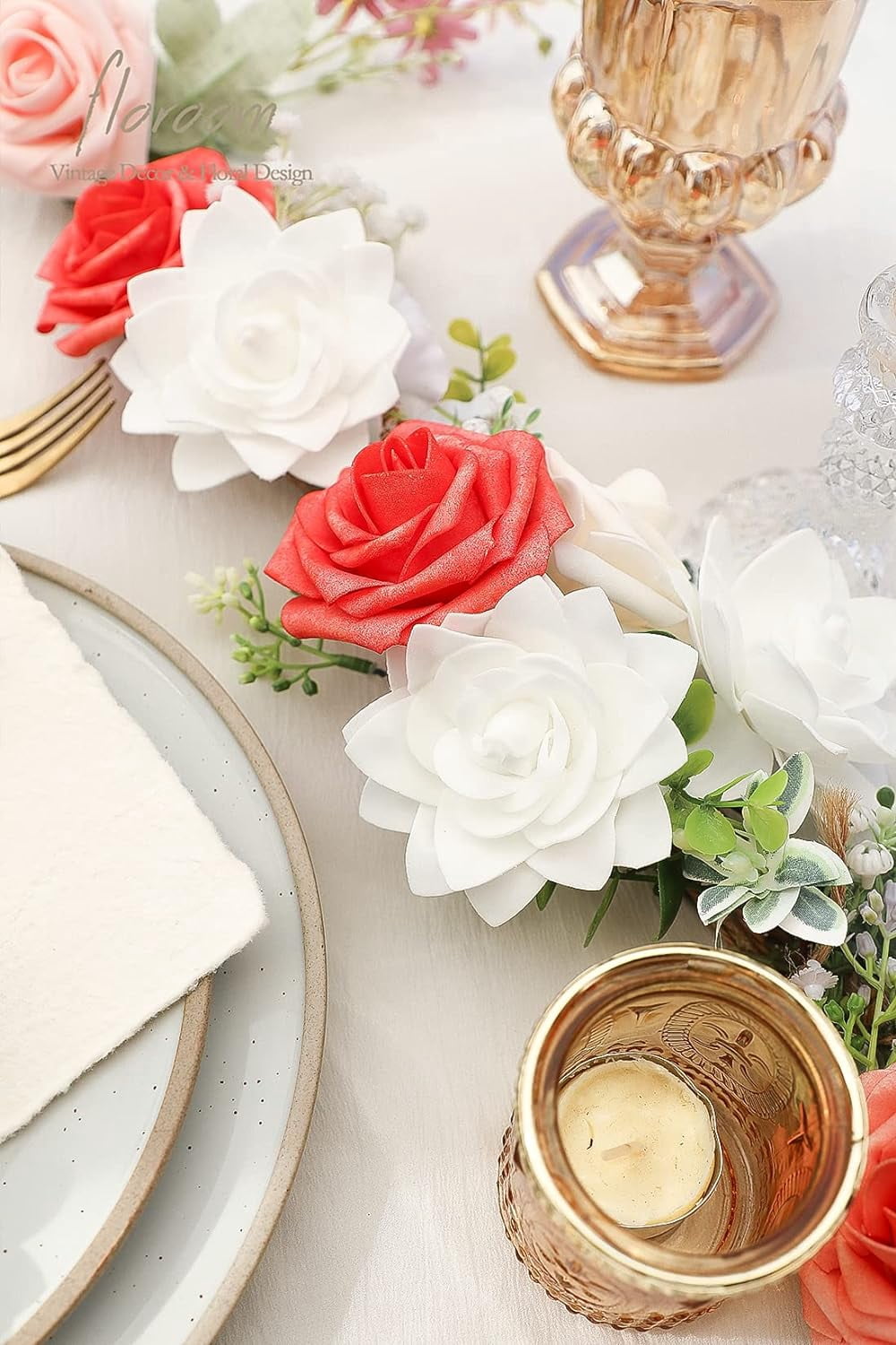 Artificial Gardenia Flowers 2.7" 25pcs Real Looking Ivory Foam Fake Flowers with Stems for DIY Wedding Bouquets Bridal Shower Centerpieces Floral Arrangements Party Tables Home Decorations