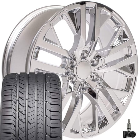 OE Wheels CV38 22 Inch Rims and Tires Fit Sierra 1500 Style 6x139.7 22x9 Chrome - Hollander 5903 - Eagle Sport AS 285/45-22 (Set of 4)
