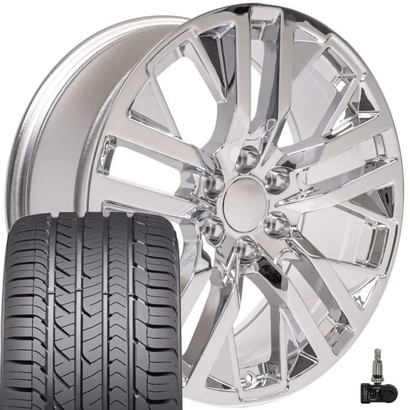 OE Wheels CV38 22 Inch Rims and Tires Fit Sierra 1500 Style 6x139.7 22x9 Chrome - Hollander 5903 - Eagle Sport AS 285/45-22 (Set of 4)