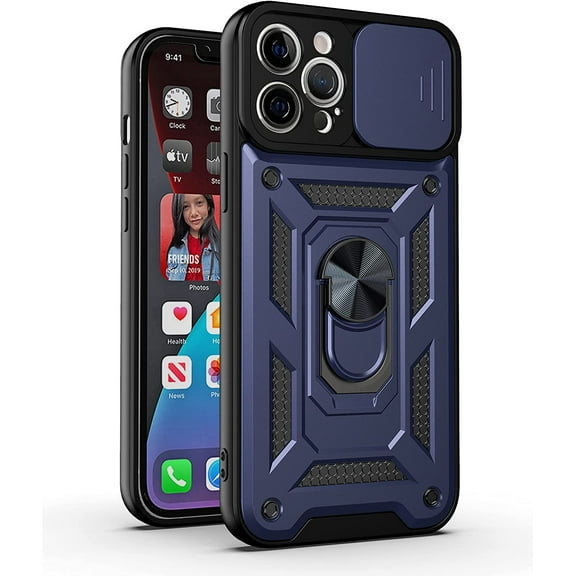 Sturdy Case for Apple iPhone 12 Pro Max (Not 12) with Slide Camera Window, Heavy Duty Military Grade Protection Phone Cover Built-in 360°Rotate Ring Stand for iPhone 12 Pro Max SJ Blue