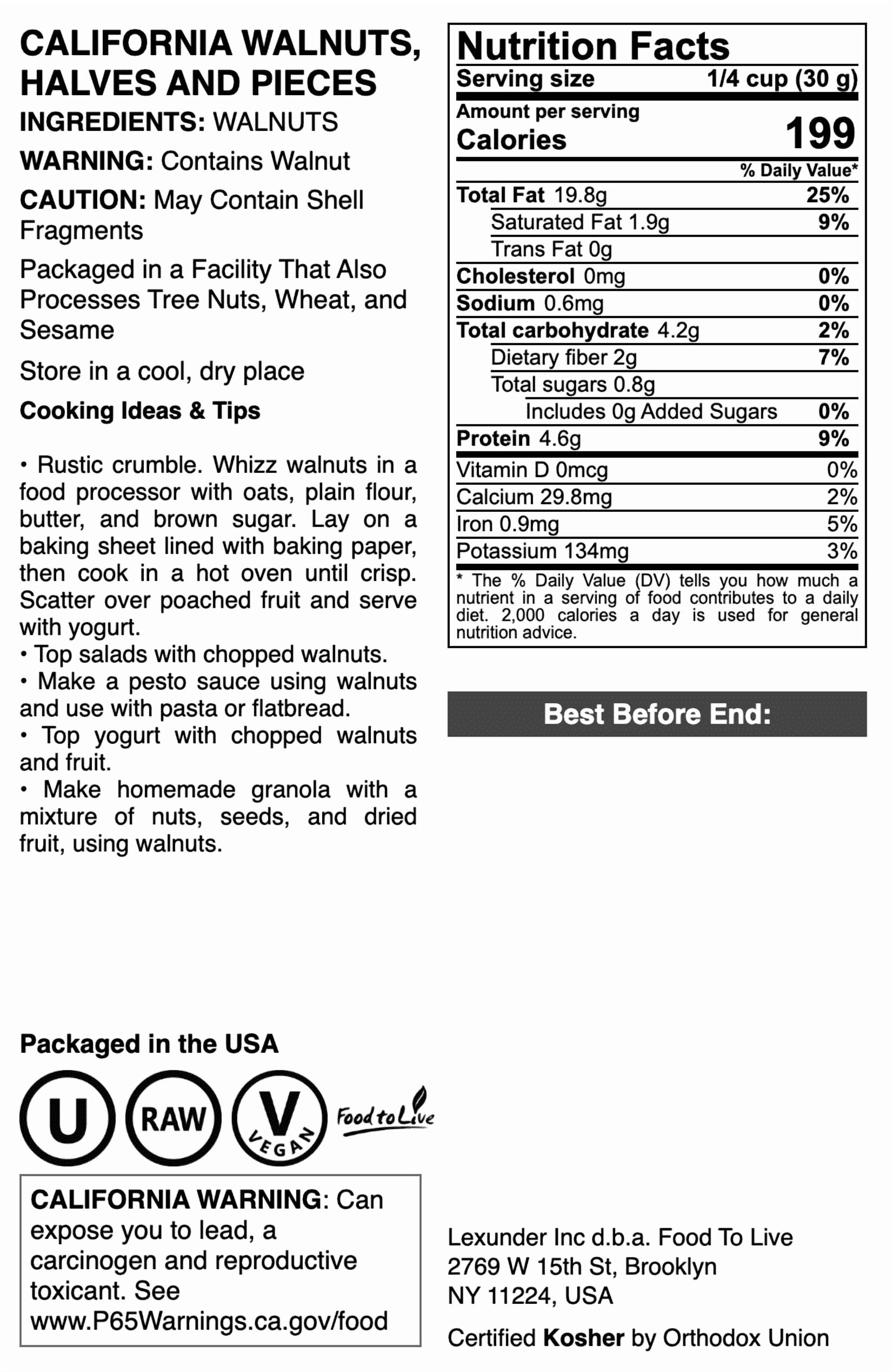California Walnuts, Halves and Pieces, 7.5 Pounds — Raw, Kosher, Vegan — by Food to Live