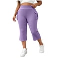 thumbnail image 3 of Women's Plus Size Yoga Capri Leggings, High Waist Elastic Waist Dual Side Pockets, Capri Pants for Women with Pockets for Sports Casual Summer | TruHer,Purple 5XL, 3 of 8