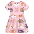 thumbnail image 2 of Girls Short Sleeve A-Line Dress Cute Cat Face Pattern Play Dress Sizes 4T, 2 of 8