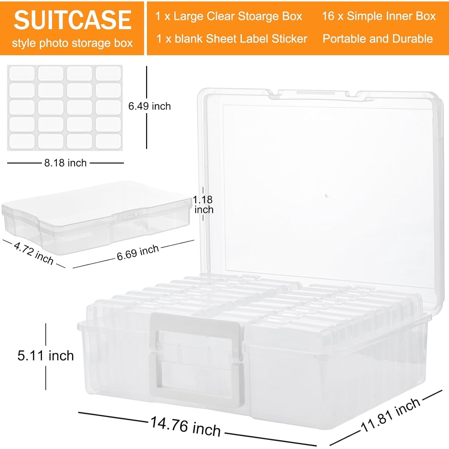 Photo Storage Box with Handle, 4" x 6" Photo Organizer Storage Container with 16 Inner Case and 1 Sheet Blank Labels for Pictures, Arts, Crafts, Sewing, Seeds, Office Supplies - Clear