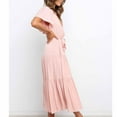 thumbnail image 3 of Pink Vneck Lace for Women Fall Summer Bell Sleeve Maxi Long Casual Flare Wide Leg Tie Knot Plain Boot Cut Leg Dresses Ladies 2025 Clothing Regular Fit S, 3 of 6