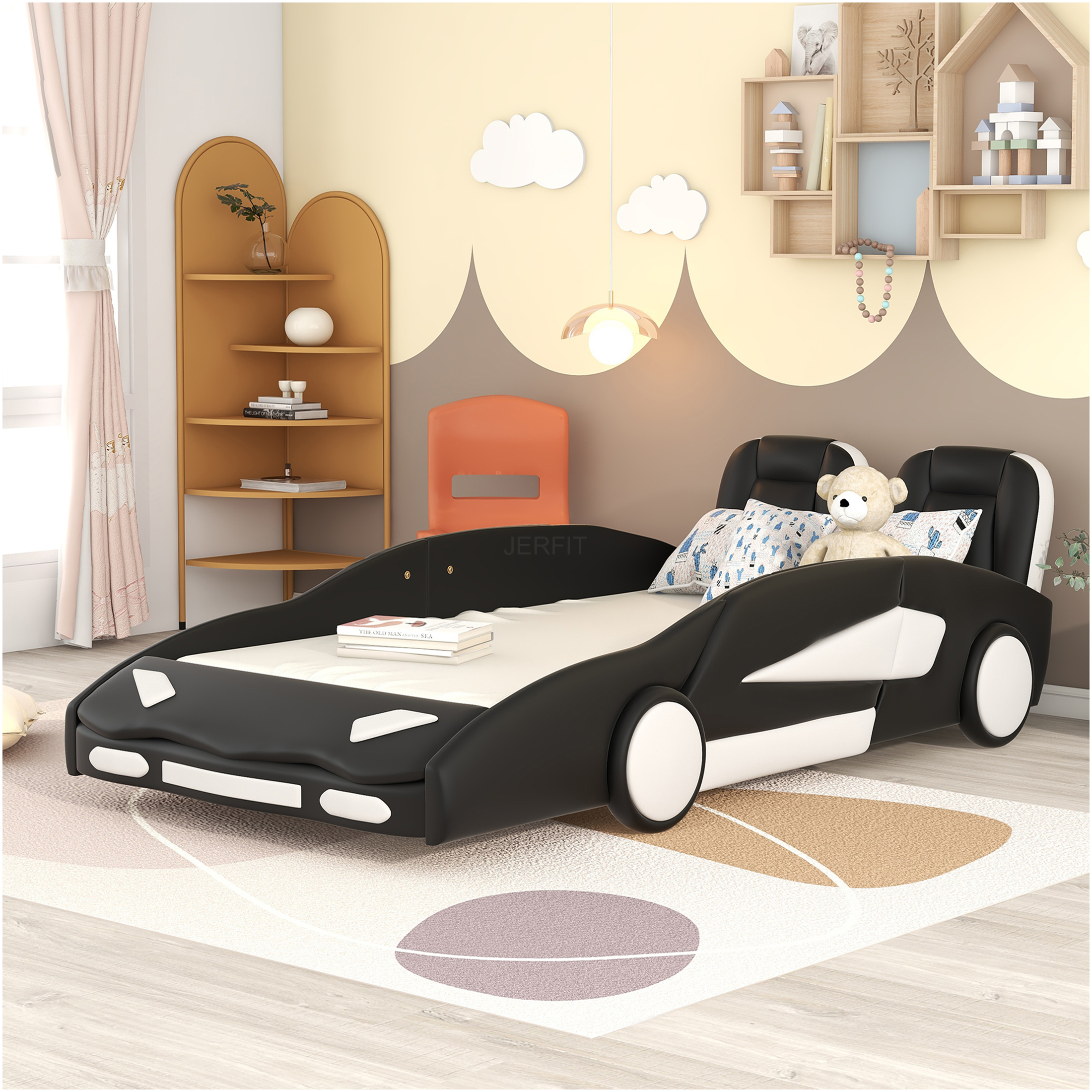 JERFIT Twin Size Race Car Platform Bed with Wheels, Black, Pine Wood Frame, No Box Spring Needed