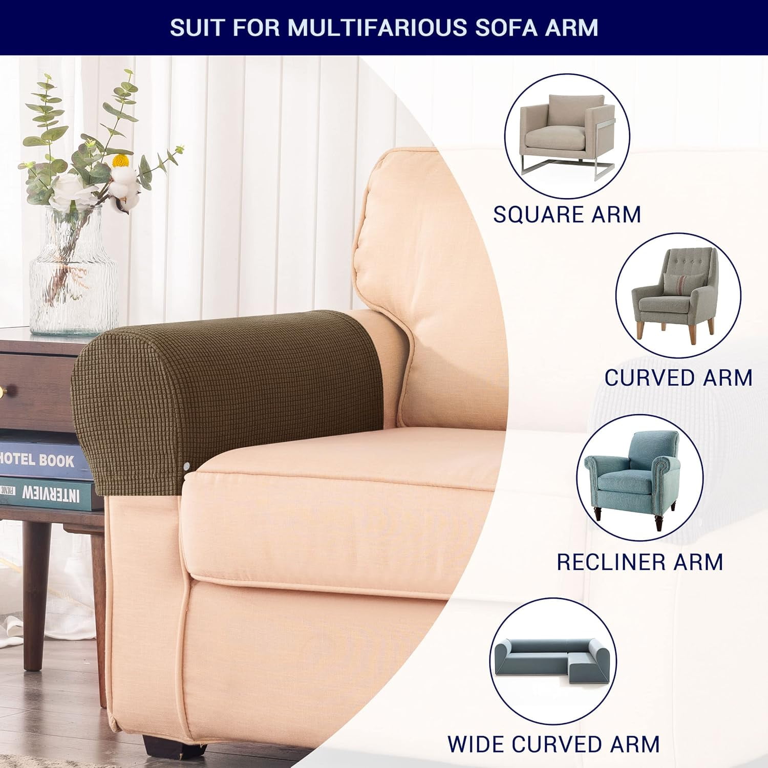 Stretch Armrest Spandex Arm Covers for Chairs Couch Armchair Slipcovers for Recliner Sofa with Twist Pins 2pcs