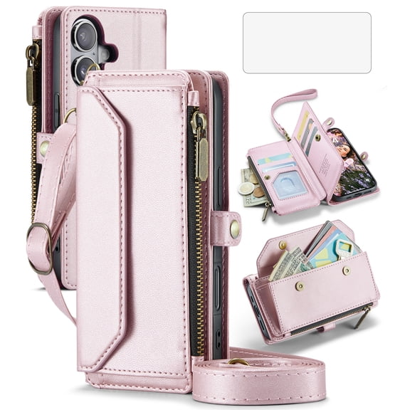 Asuwish Compatible with iPhone 17 6.3 inch Zipper Wallet Phone Case Tempered Glass Screen Protector Crossbody Lanyard Strap Flip Card Holder Slot Cell Cover for i Phone17 i17 17Case Women Rose Gold
