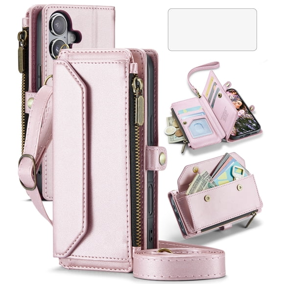 Asuwish Compatible with iPhone 17 6.3 inch Zipper Wallet Phone Case Tempered Glass Screen Protector Crossbody Lanyard Strap Flip Card Holder Slot Cell Cover for i Phone17 i17 17Case Women Rose Gold