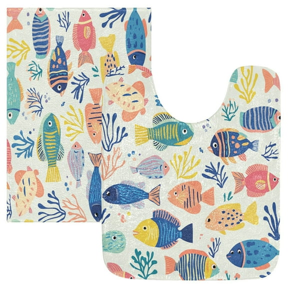2 Piece Soft Bathroom Rug Set Vibrant Colorful Fish Pattern Bath Mat and U-Shaped Toilet Contour Rug (16"x24" 20"x24")