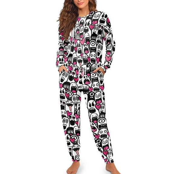 SCRAWLGOD Halloween Halloween Heart Print Women's Two Piece Pajama Sets with Elastic Band Fall Casual Long Sleeve Tops Jogger Pants with Pockets Loungewear Matching Outfits, S