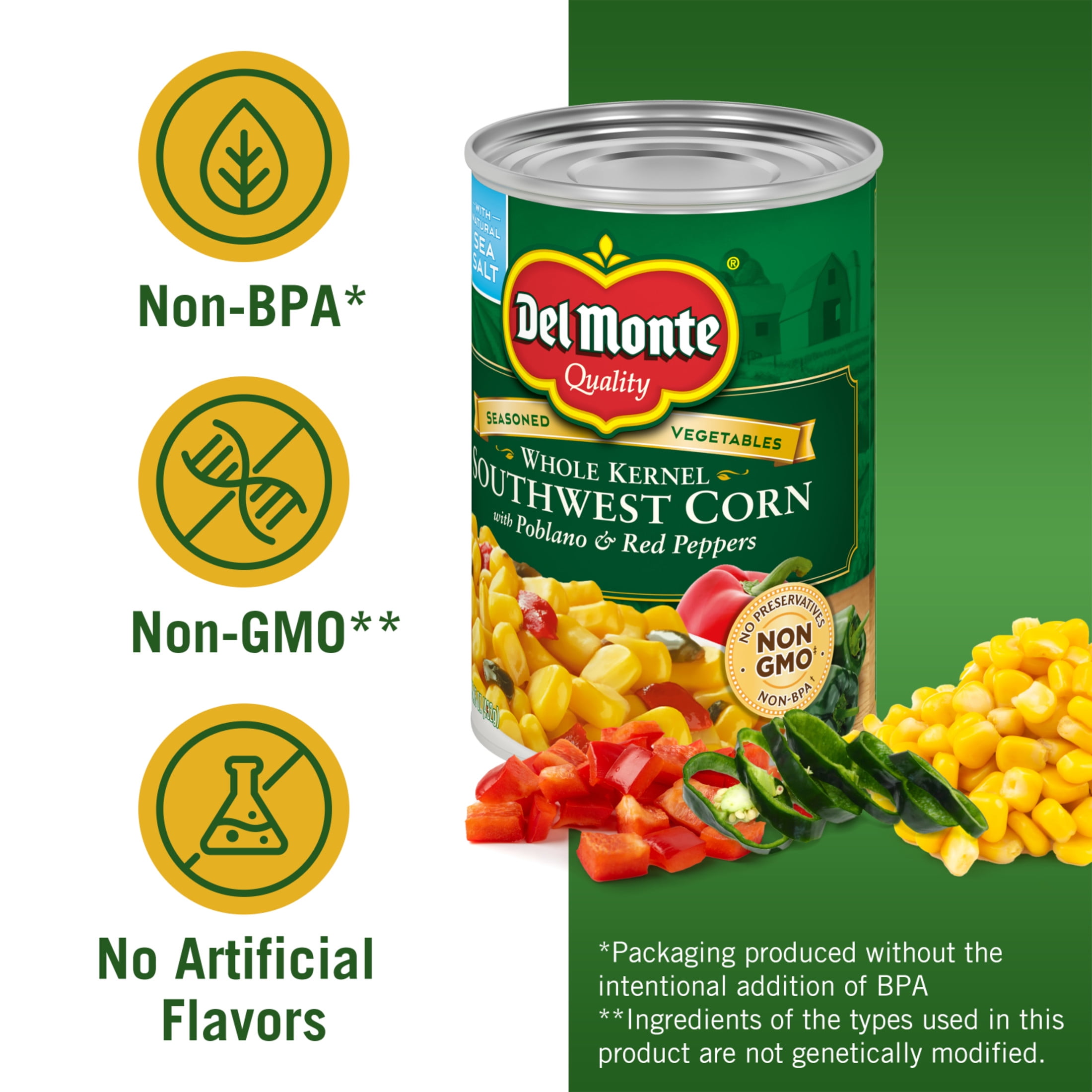 (12 pack) Del Monte Southwest Whole Kernel Corn with Peppers, Canned Vegetables, 15.25 oz Can