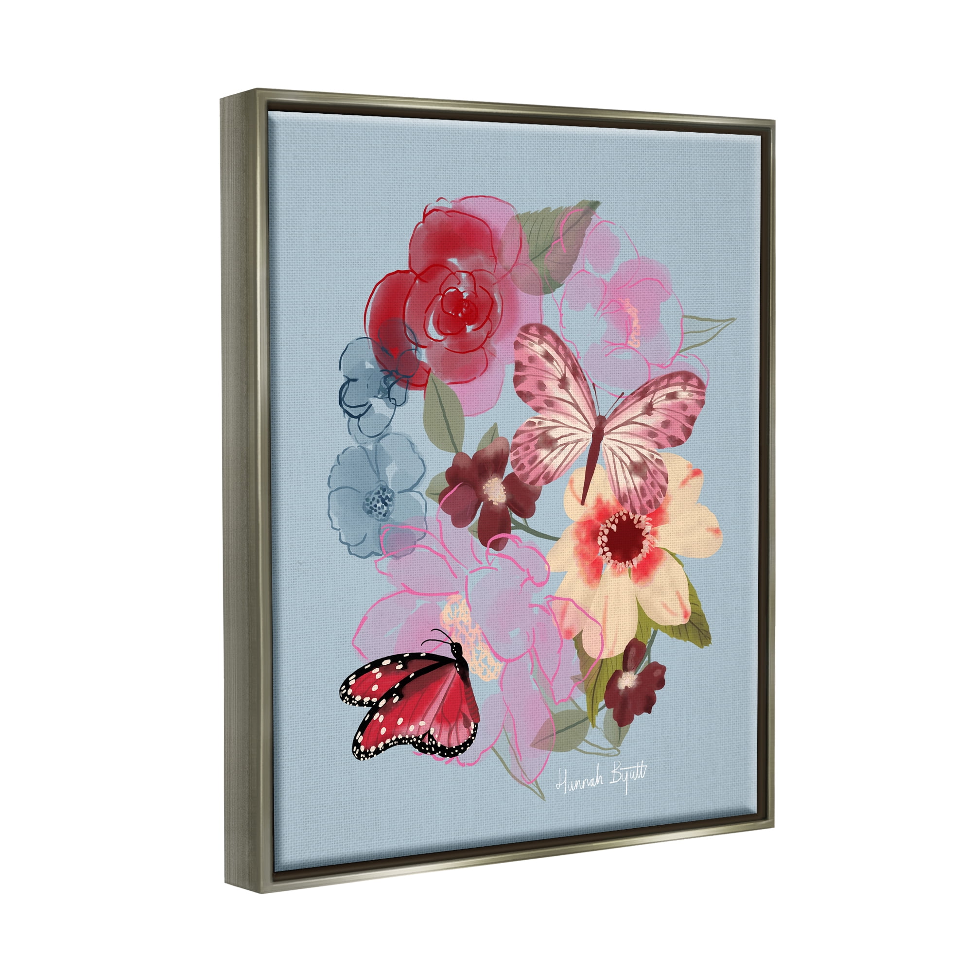 Stupell Industries Butterflies & Florals Botanical & Floral Painting Gray Floater Framed Art Print Wall Art, 17 x 21