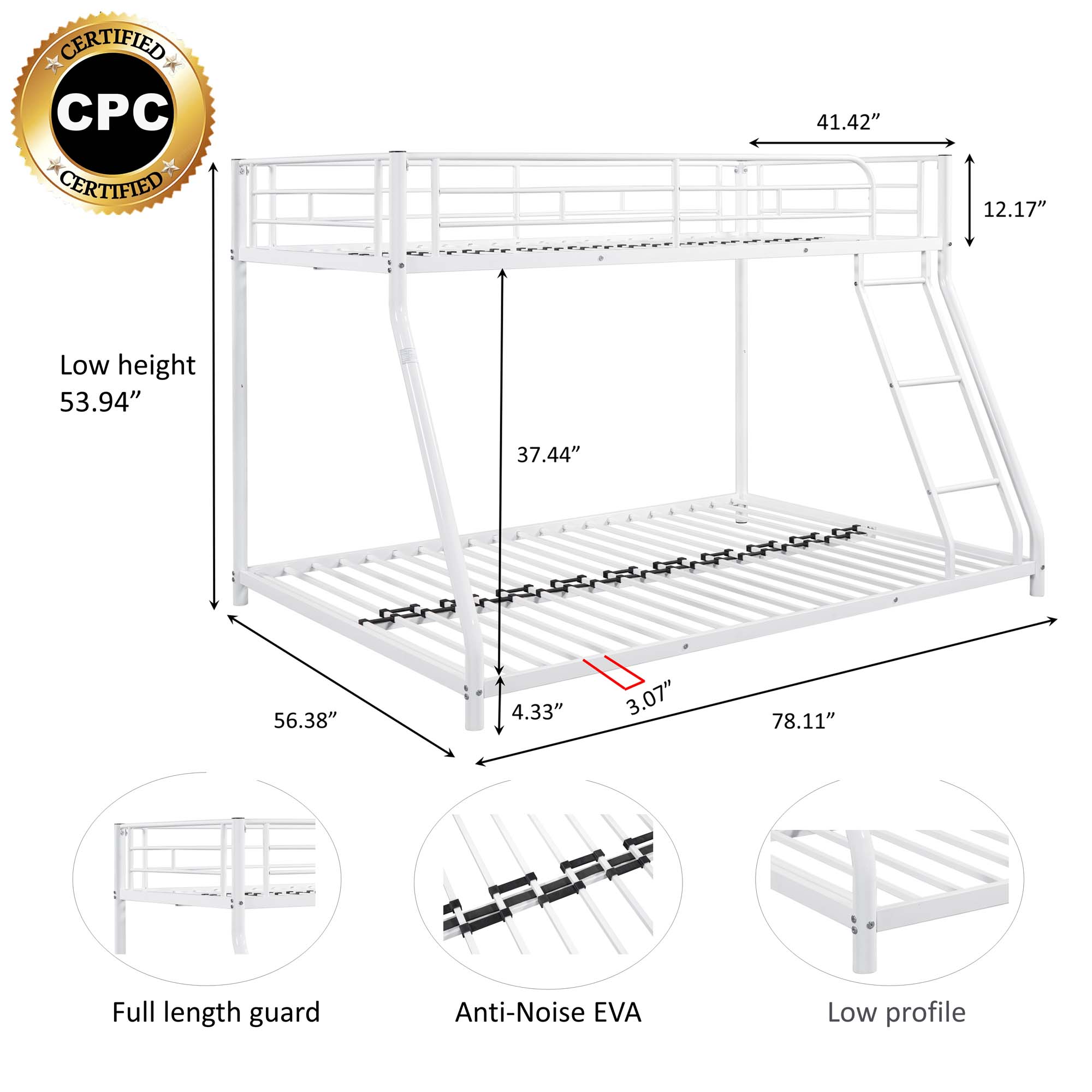 Aukfa Twin-Over-Full Bunk Bed, Heavy Duty Metal Low Bunk Bed for Kids Teens Dorm - White
