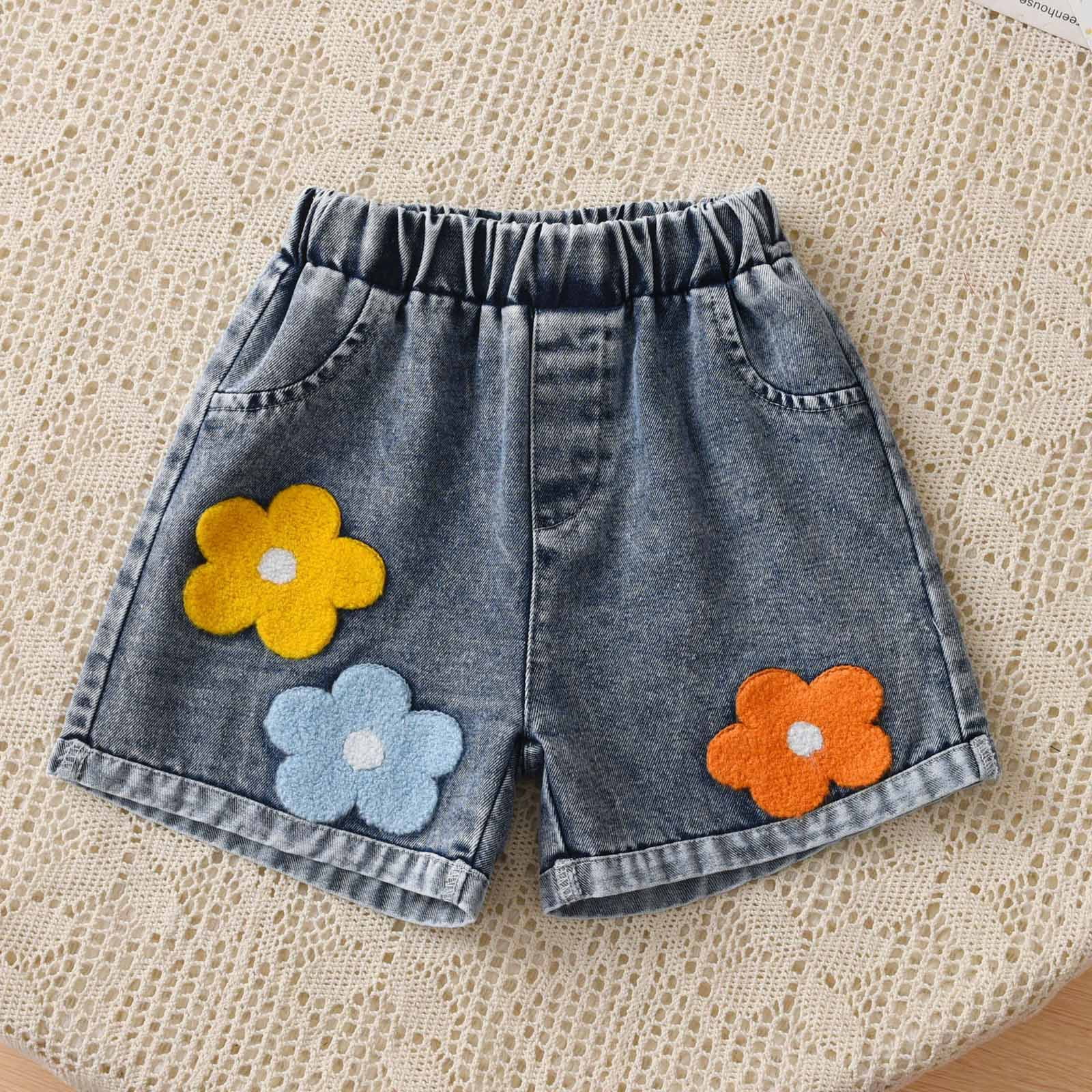newwalpole Toddler Baby Girl Clothes Summer Floral Print Short Sleeve Tee Shirt Jeans Shorts Cute Outfit Girls Clothing Set White for Size 6-7 Years
