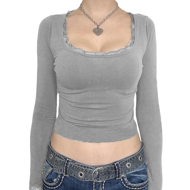 Fortune Hauts Courts en Dentelle pour Femmes Col Carré Manches Longues Printemps Automne Coupe Slim Crop Top
