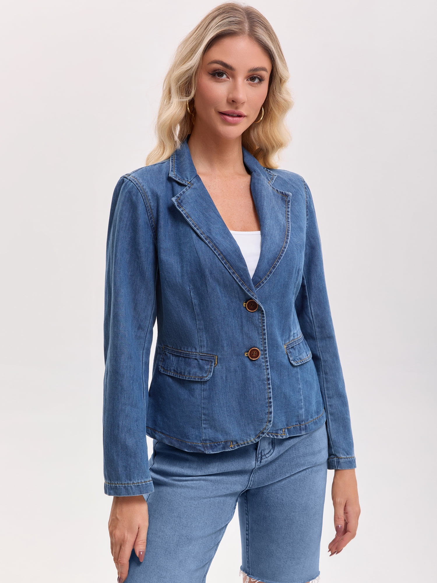 DARING DIVA Women's Notched Lapel Long Sleeve Button Fitted Blazer L Blue