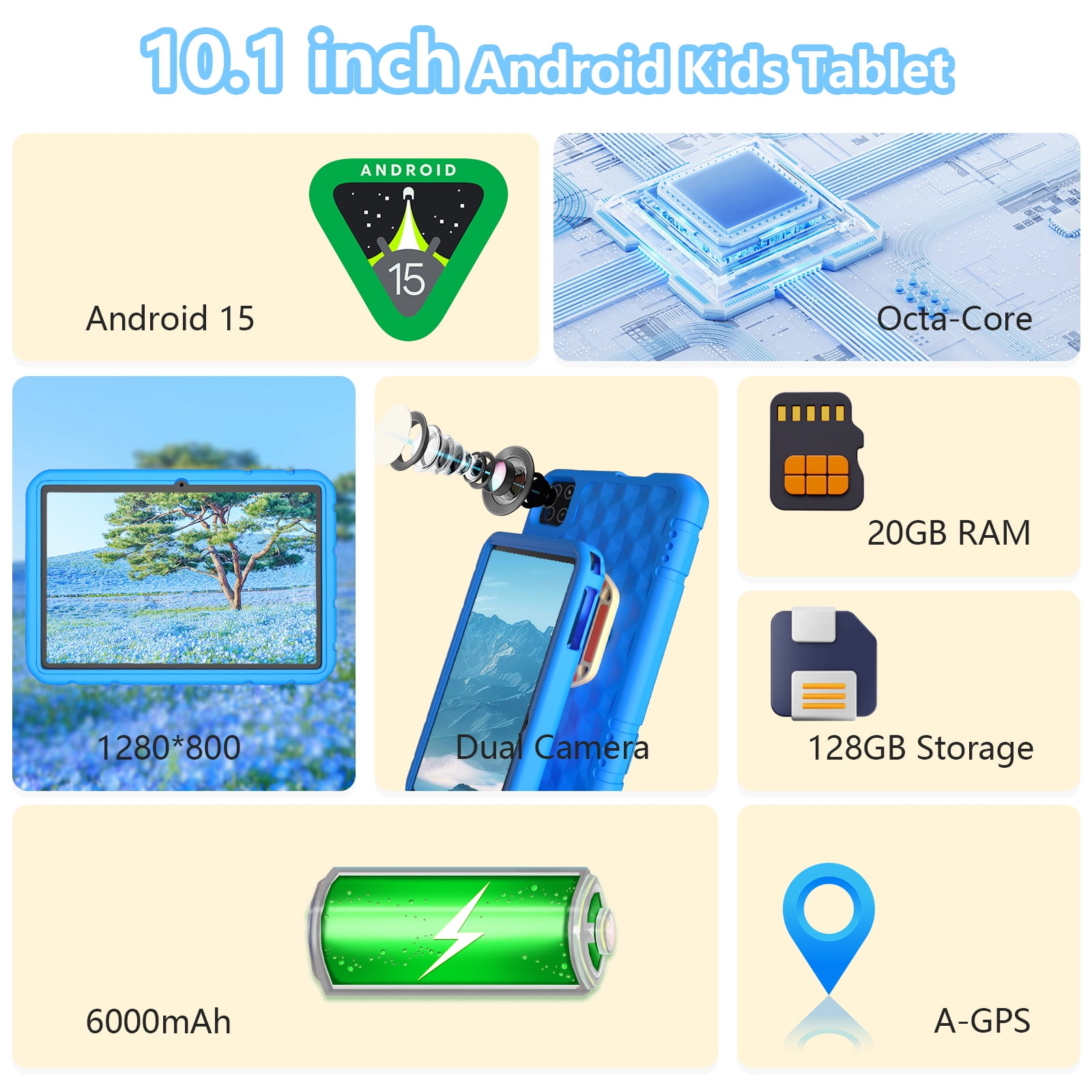 Android 15 Tablet, 10.1 inch Kids Tablet, Octa-core CPU, 20GB+128GB+1TB Expand Tablets for Kids with Kids Space, Parental Control, 6000mAh Big Battery, HD Touchscreen Display Tableta