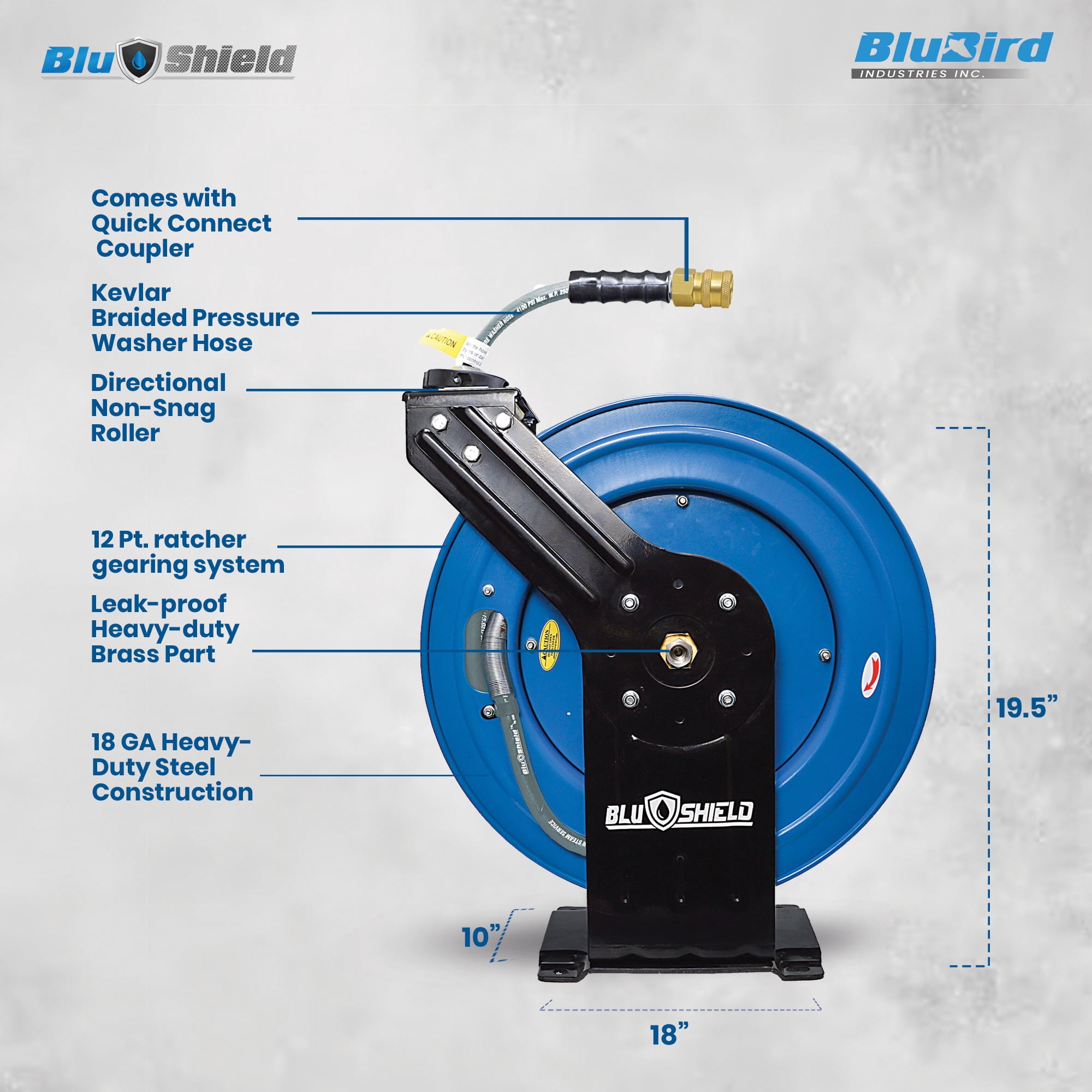 BluShield Pressure Washer Hose Reel with Aramid Braided Hose, 4100 PSi 6' Lead-in Hose, NPT, Lighter, Stronger, Flexible, 1-Year Warranty (3/8" x 100' Non Marking + Coupler Plug)